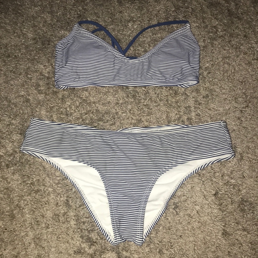 navy and white striped swim suit. top and bottom!!